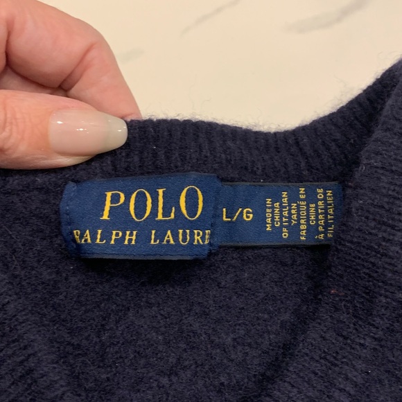 73. 100% Lamb’s Wool Polo Ralph Lauren Sweater Navy Blue Size L - BOYS - Picture 3 of 9